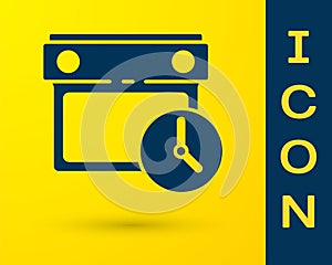 Blue Calendar and clock icon isolated on yellow background. Schedule, appointment, organizer, timesheet, time management