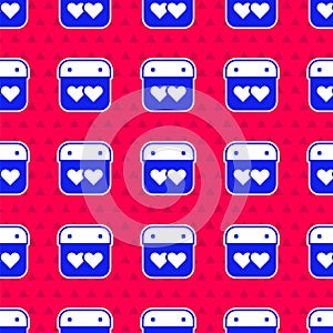 Blue Calendar with heart icon isolated seamless pattern on red background. Valentines day. Love symbol. February 14