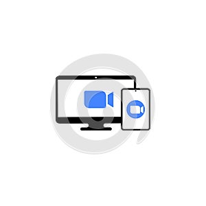 Blue camera icon. Conference video calls. Laptop, monitor and tablet icon on isolated background. Eps 10 vector