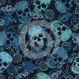 Blue camo pattern with human skulls, mushrooms