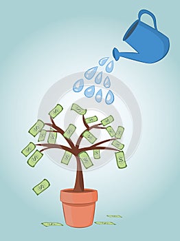 Blue can watering dollar banknote money tree in pot