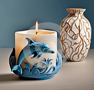 Blue candle holder with dolphin figure
