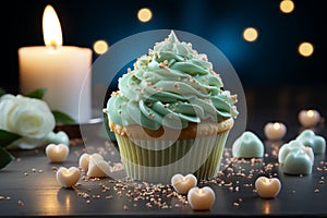 Blue candled cupcake with yellow cream, heart for love  green crown cupcakes nearby