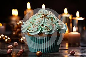 Blue candled cupcake with yellow cream, heart for love  green crown cupcakes nearby
