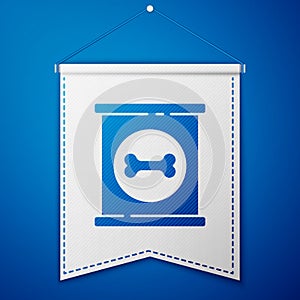 Blue Canned food icon isolated on blue background. Food for animals. Pet food can. Dog bone sign. White pennant template