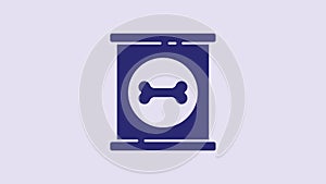 Blue Canned food icon isolated on purple background. Food for animals. Pet food can. Dog bone sign. 4K Video motion