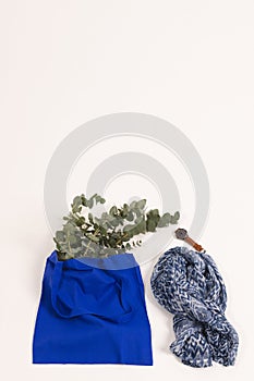 Blue canvas bag with green plant, watch, scarf and copy space on white background