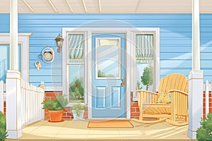 blue cape cod door through a white porch railing, magazine style illustration