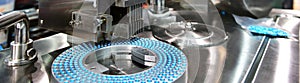 Blue capsule medicine pill production line, Industrial pharmaceutical concept.