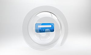 Blue Car audio icon isolated on grey background. Fm radio car audio icon. Glass circle button. 3D render illustration