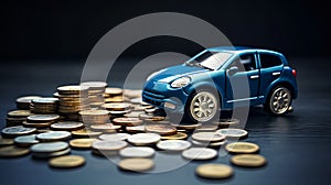 Blue car with coins, auto tax and financing, car insurance and car loans, concept of savings money on car purchase