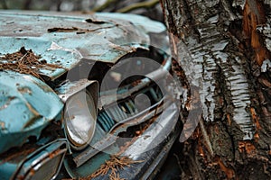 Blue Car with Dented Front End and Smashed Headlight