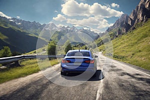 a blue car is driving on the road in the mountains. ai generator