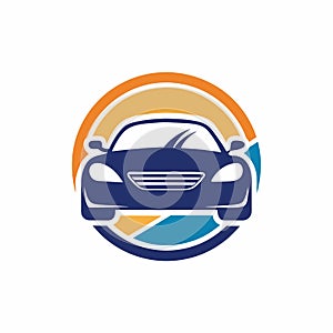 Blue car encircled by orange ring in simplistic logo design, A simplistic logo design with a subtle nod to the car rental industry