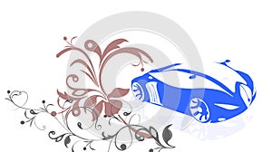 A blue car with floral background