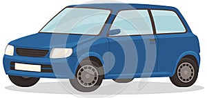 Blue car isolated on white background small automobile side view. Modern minicar in cityscape