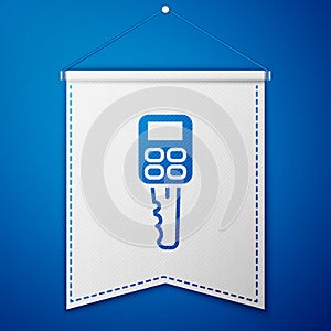 Blue Car key with remote icon isolated on blue background. Car key and alarm system. White pennant template. Vector