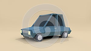 Blue car low poly cartoon style 3d rendering soft brown background
