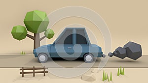 Blue car low poly cartoon style on country road with smoke soft brown background 3d rendering,fast driving concept
