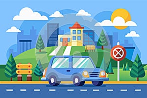 A blue car maneuvers down a street, passing by a prominent no parking sign, Driving school Customizable Semi Flat Illustration