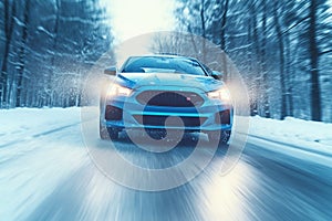 Blue Car Moving Fast on the Winter Snowy Road Motion Blur and Snowflakes Drive Safe Concept