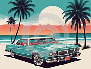 A Blue Car Parked On The Beach With Palm Trees. Generative AI