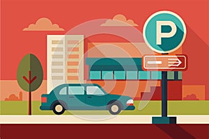 A blue car is parked in front of a parking sign on a city street, Street paid parking Customizable Semi Flat Illustration