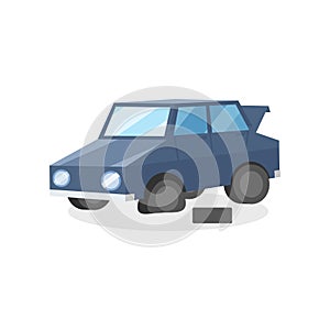 Blue car with punctured tire. Colorful flat vector element for promo poster or flyer of automobile repair workshop