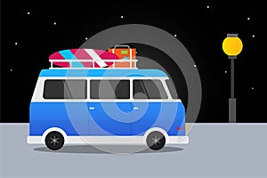 Blue Car Retro With Surfboard and Suitcases Summer, Car Travel. Vector Illustration Flat Design Background