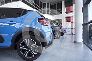 Blue car standing in a row with new cars for rental in car showroom interior