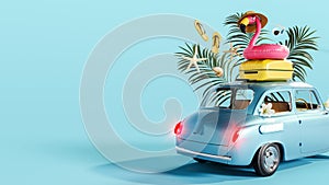 Blue car with travel luggage and pink flamingo on blue background with copy space. Summer travel concept