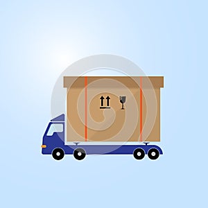 Blue car truck carry fragile box icon