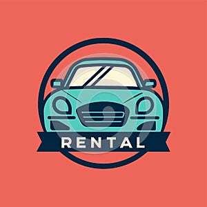 A blue car with the word rental displayed prominently on its side, A minimalist design showcasing a car rental service name in a
