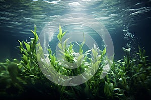 Blue carbon sinks. Natural carbon sinks capture emissions. Underwater plant role in carbon sequestration. Kelp forest and seagrass