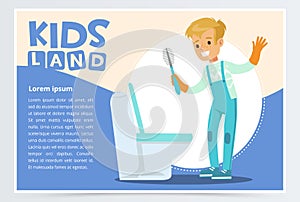 Blue card or poster with cute young boy in gloves cleaning toilet with brush. Kid doing a home cleanup, household chores