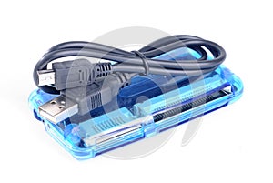Blue card reader and black cable