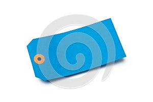 Blue cardboard or paper luggage tag on white