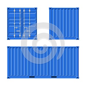 Blue Cargo Container for shipping and sea export isolated on white background. Front, back and side view. Logistics and