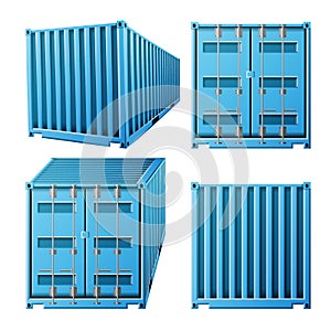 Blue Cargo Container Vector. Realistic 3D Metal Classic Cargo Container. Freight Shipping Concept. Transportation Mock