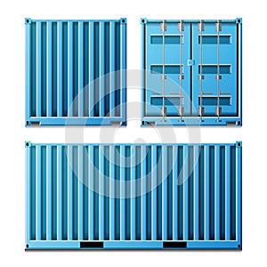 Blue Cargo Container Vector. Realistic Metal Classic Cargo Container. Freight Shipping Concept. Transportation Mock Up