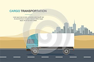 : Blue Cargo Delivery Truck Isolated on in the desert and sity Background