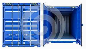 Blue cargo freight container, opened and closed