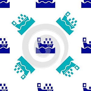 Blue Cargo ship with boxes delivery service icon isolated seamless pattern on white background. Delivery, transportation