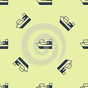 Blue Cargo ship with boxes delivery service icon isolated seamless pattern on yellow background. Delivery