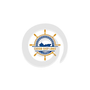 Blue cargo ship logo with additional ship steering logo