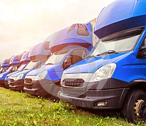 Blue cargo vans stand in a row, trucking and long-distance, trucking industry and sun