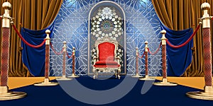 blue carpet entrance with barriers and velvet ropes. Throne of the kings, VIP throne, Red royal throne,