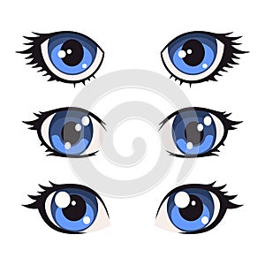 Blue Cartoon Anime Eyes Set. Vector