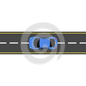 Blue cartoon car is driving along the road. Isolated on white background. Road marking. Roadway. Vector