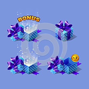 Blue cartoon colorful isometric gift boxes set with bonus.